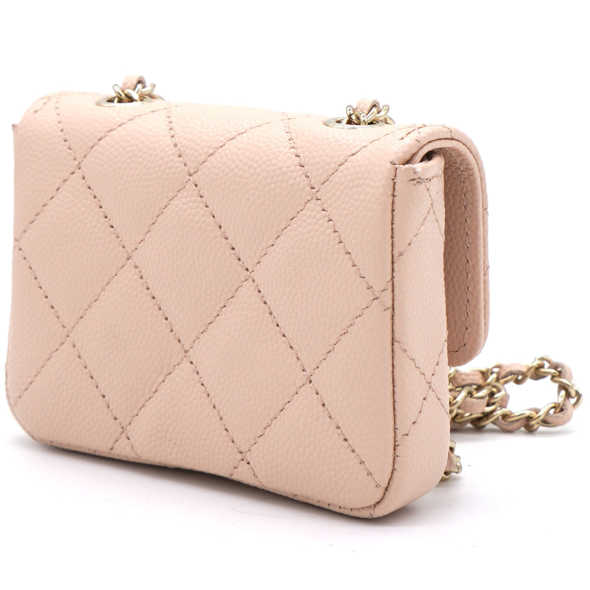 Chanel Pink Beige Quilted Caviar Leather Flap Card Holder with Belt Chain