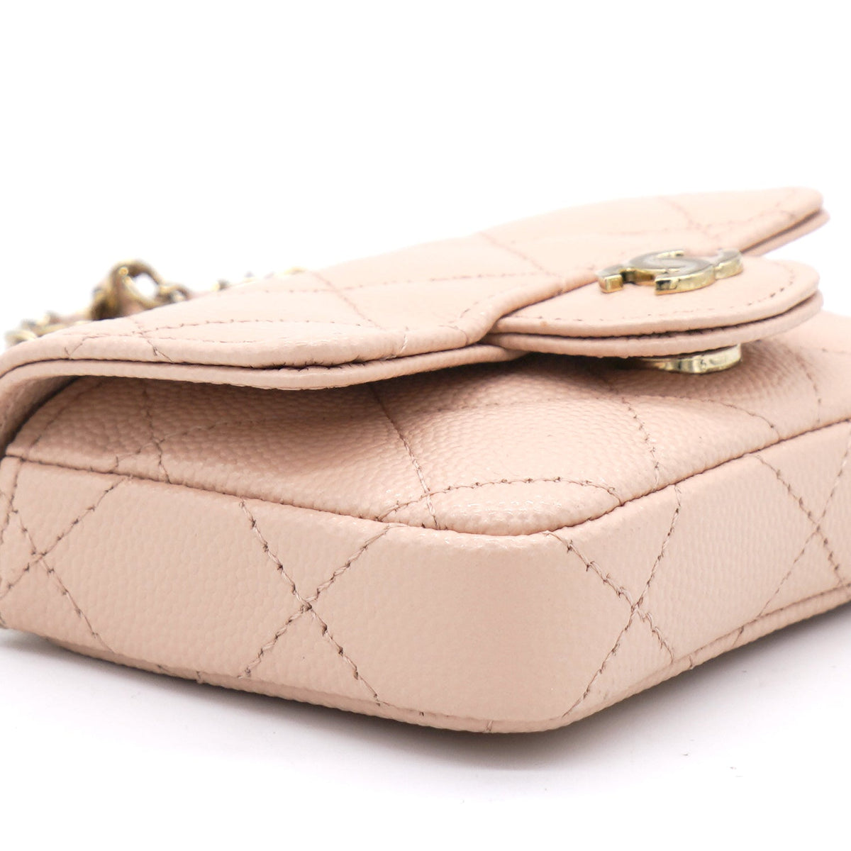 Chanel Pink Beige Quilted Caviar Leather Flap Card Holder with Belt Chain