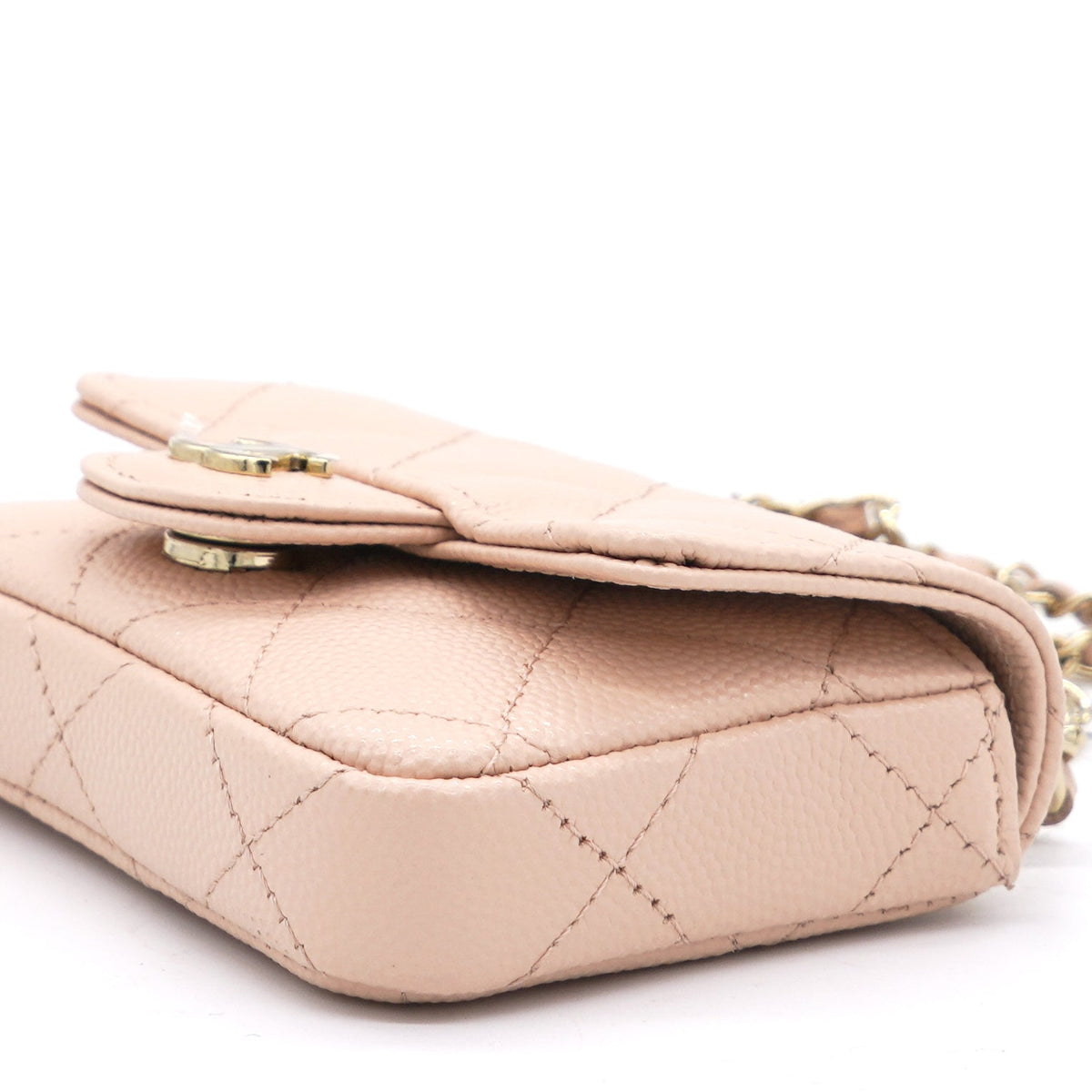 Chanel Pink Beige Quilted Caviar Leather Flap Card Holder with Belt Chain