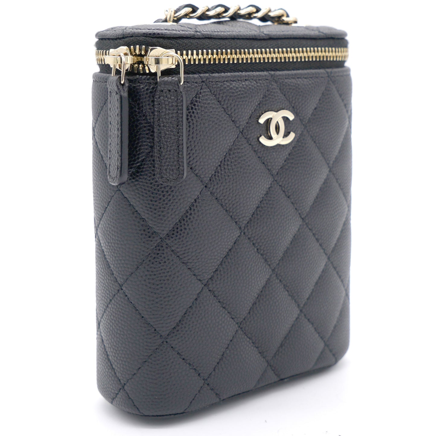 Chanel Caviar Quilted Nano Vertical Coco Beauty Vanity Case With Chain Black