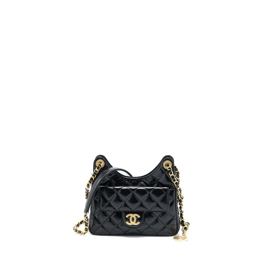 Chanel 23C Small Hobo Bag Shiny Calfskin Black Brushed GHW (Microchip)