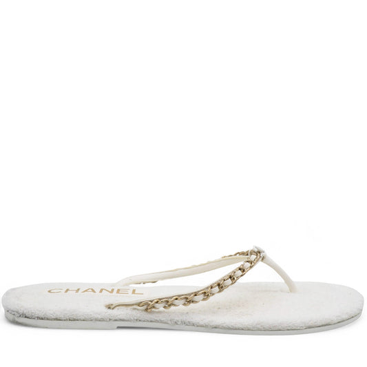 Chanel Classic Chain CC Logo White Thong Sandals Size40