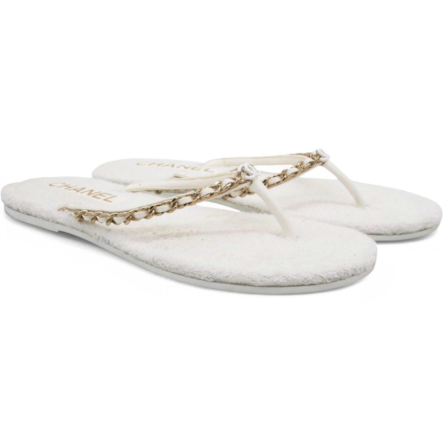Chanel Classic Chain CC Logo White Thong Sandals Size40