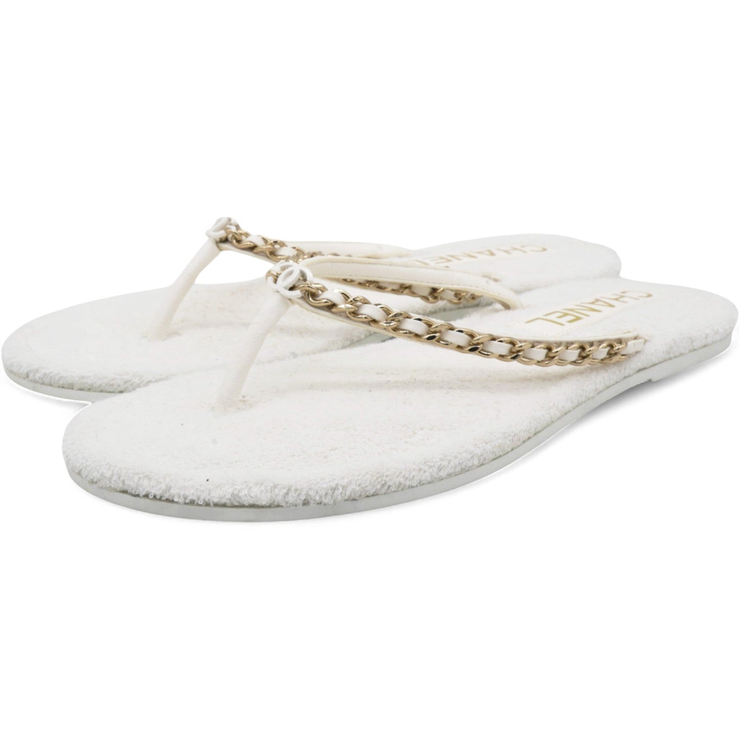 Chanel Classic Chain CC Logo White Thong Sandals Size40