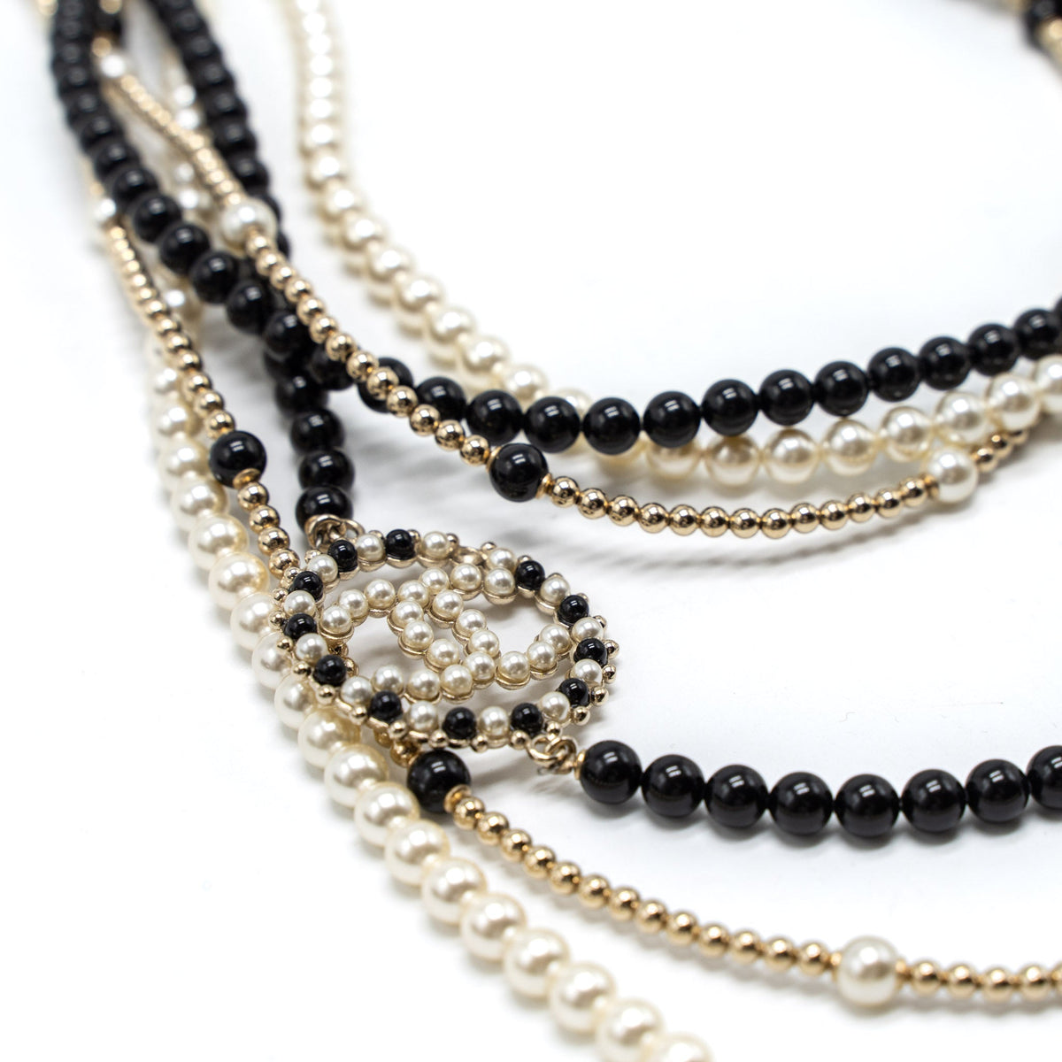 Chanel Round CC Logo Long Necklace with Pearl/Glass Pearl Light Gold Tone
