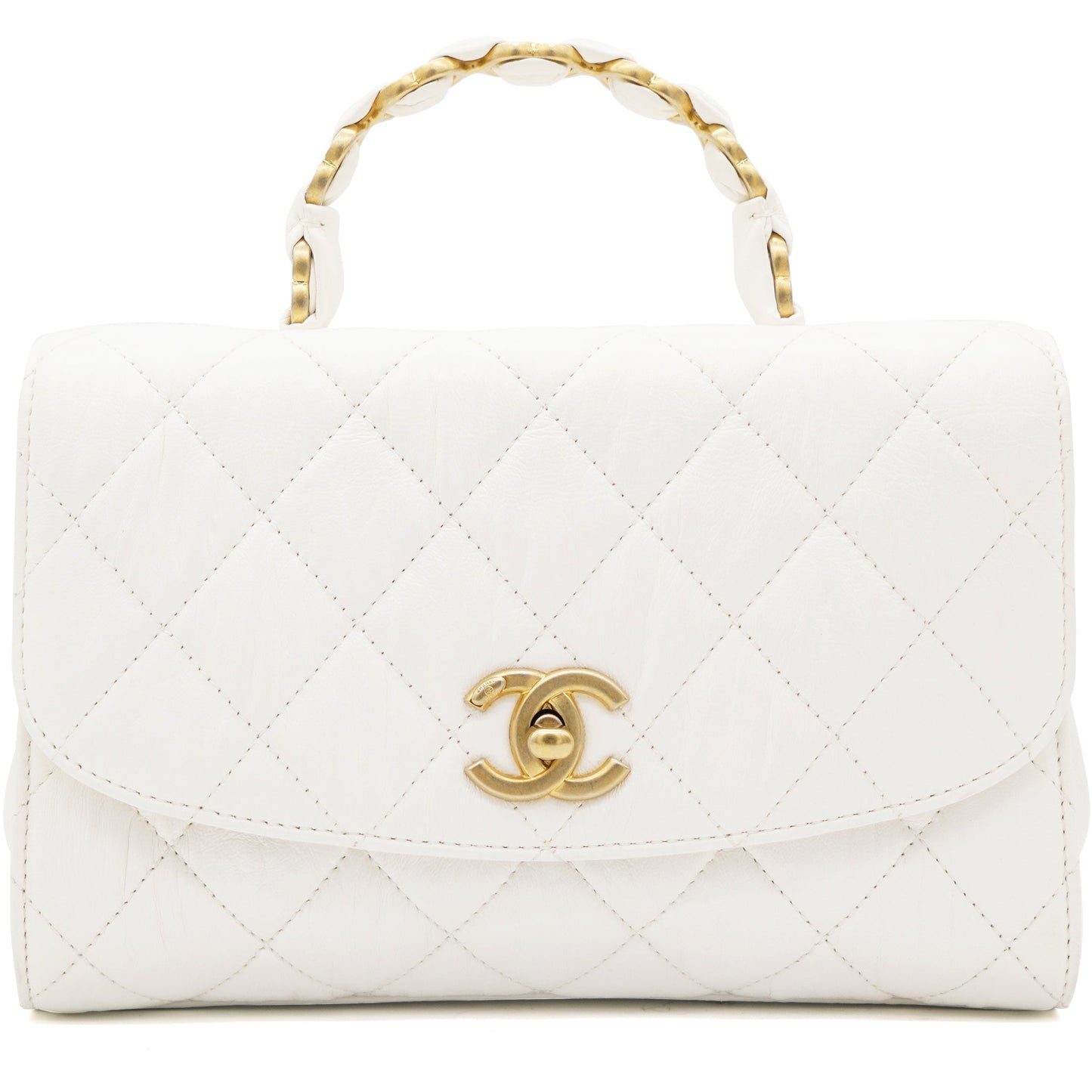 Chanel Crumpled Lambskin Quilted CC Links Top Handle Flap White