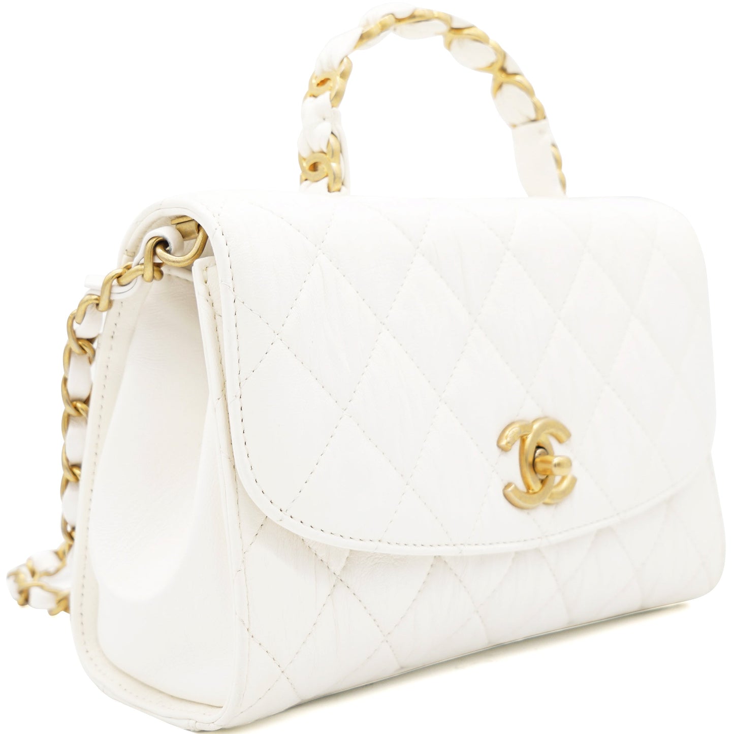 Chanel Crumpled Lambskin Quilted CC Links Top Handle Flap White