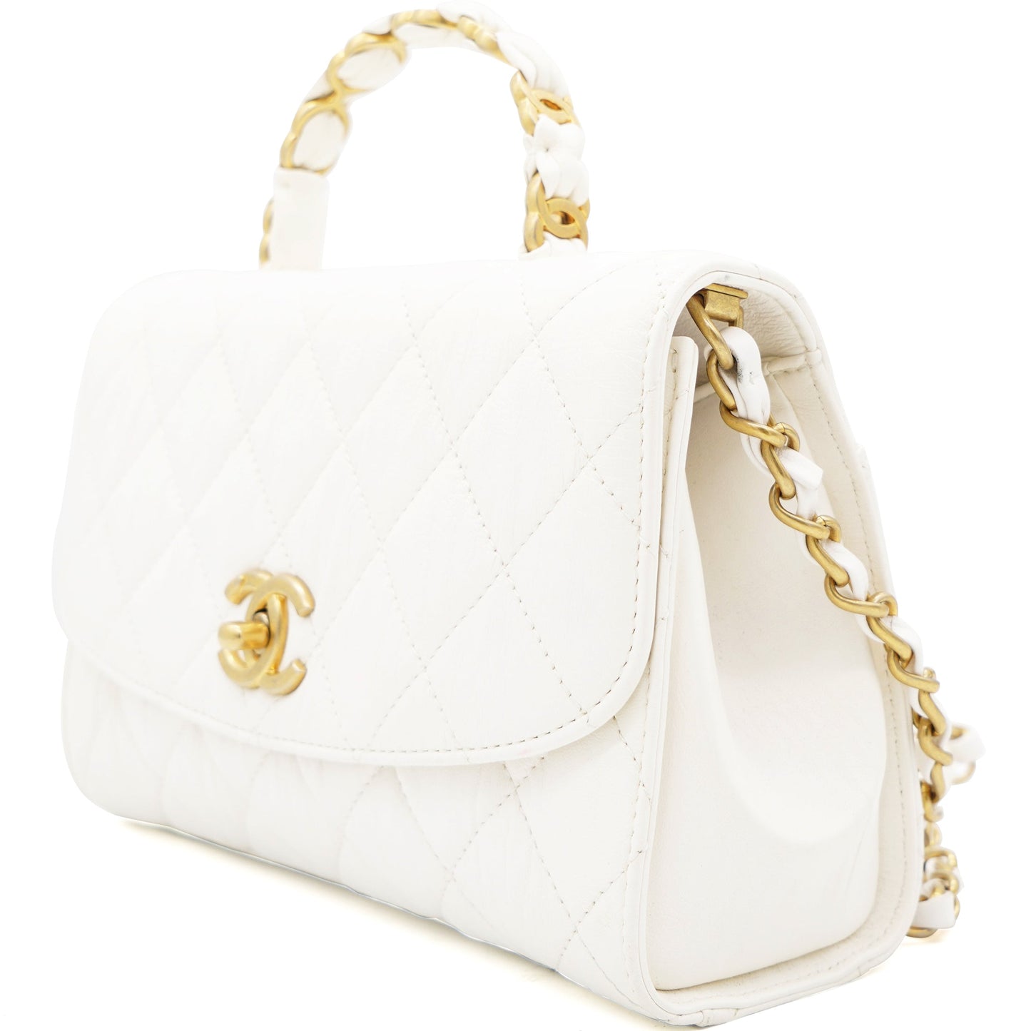 Chanel Crumpled Lambskin Quilted CC Links Top Handle Flap White