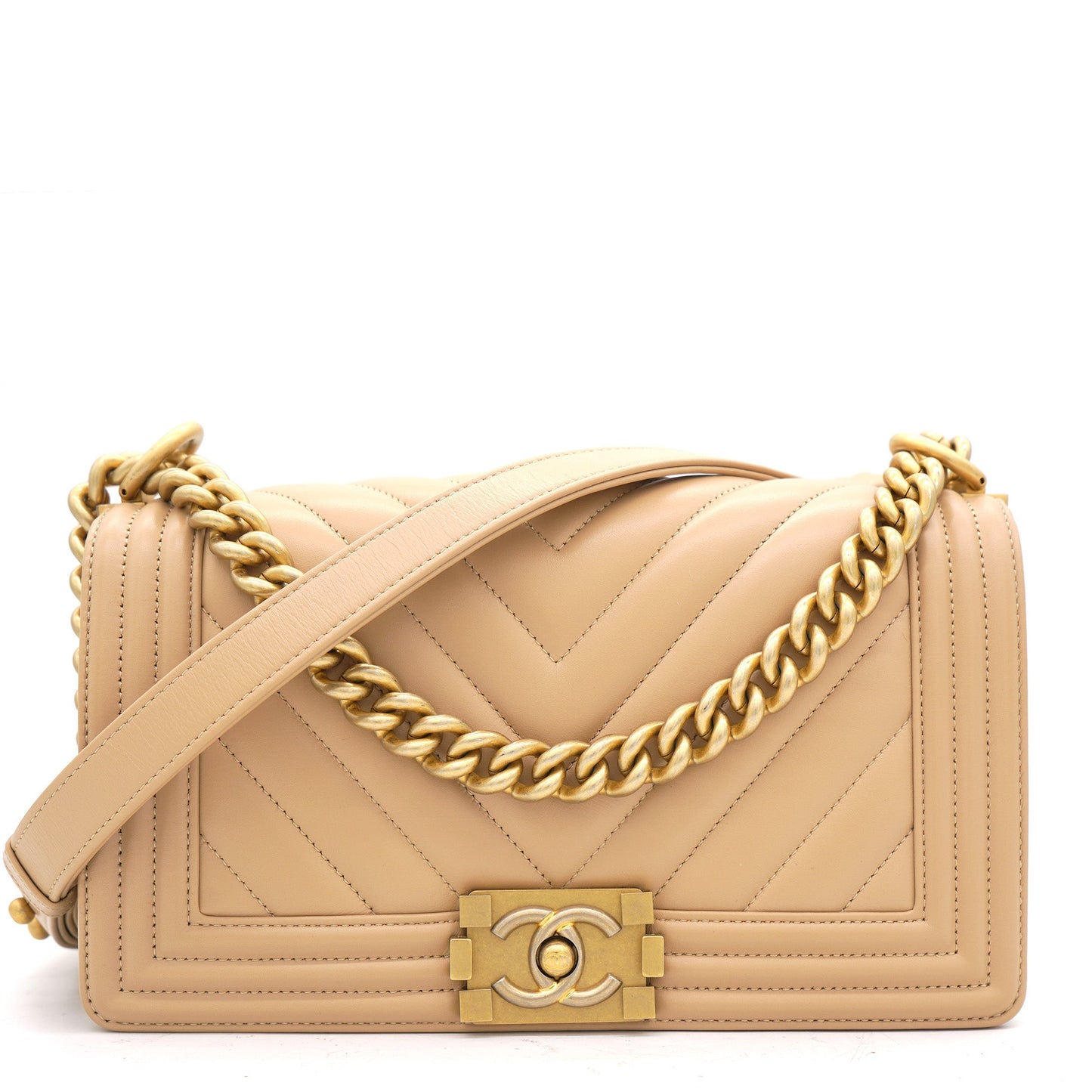 Chanel Beige Chevron Leather Medium Boy Flap Bag