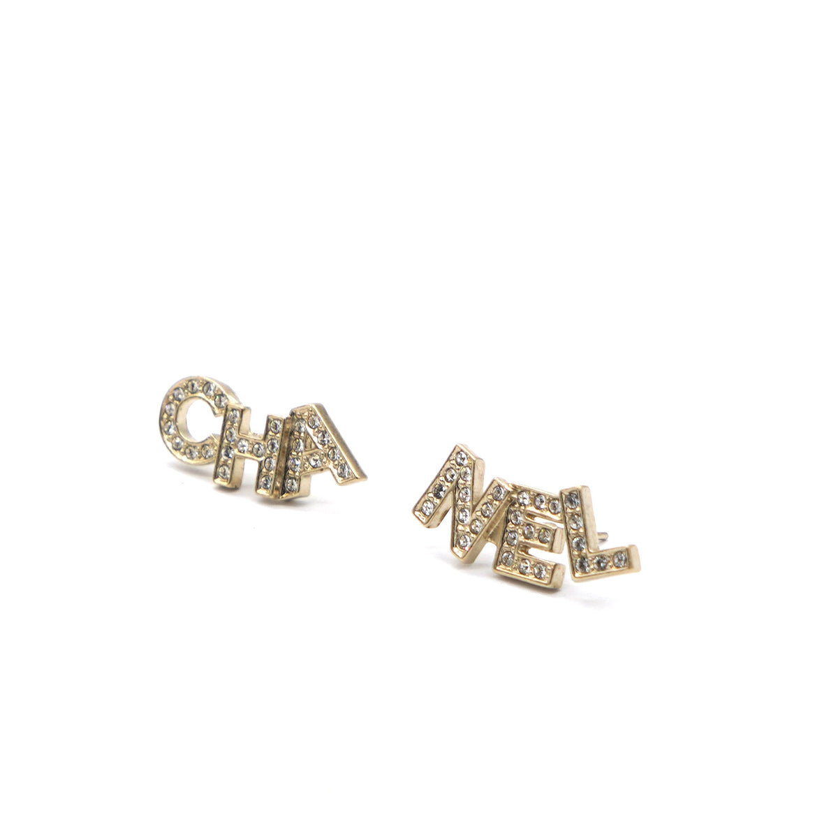 Chanel Gold Metal And Crystal Logo Letter Stud Earrings