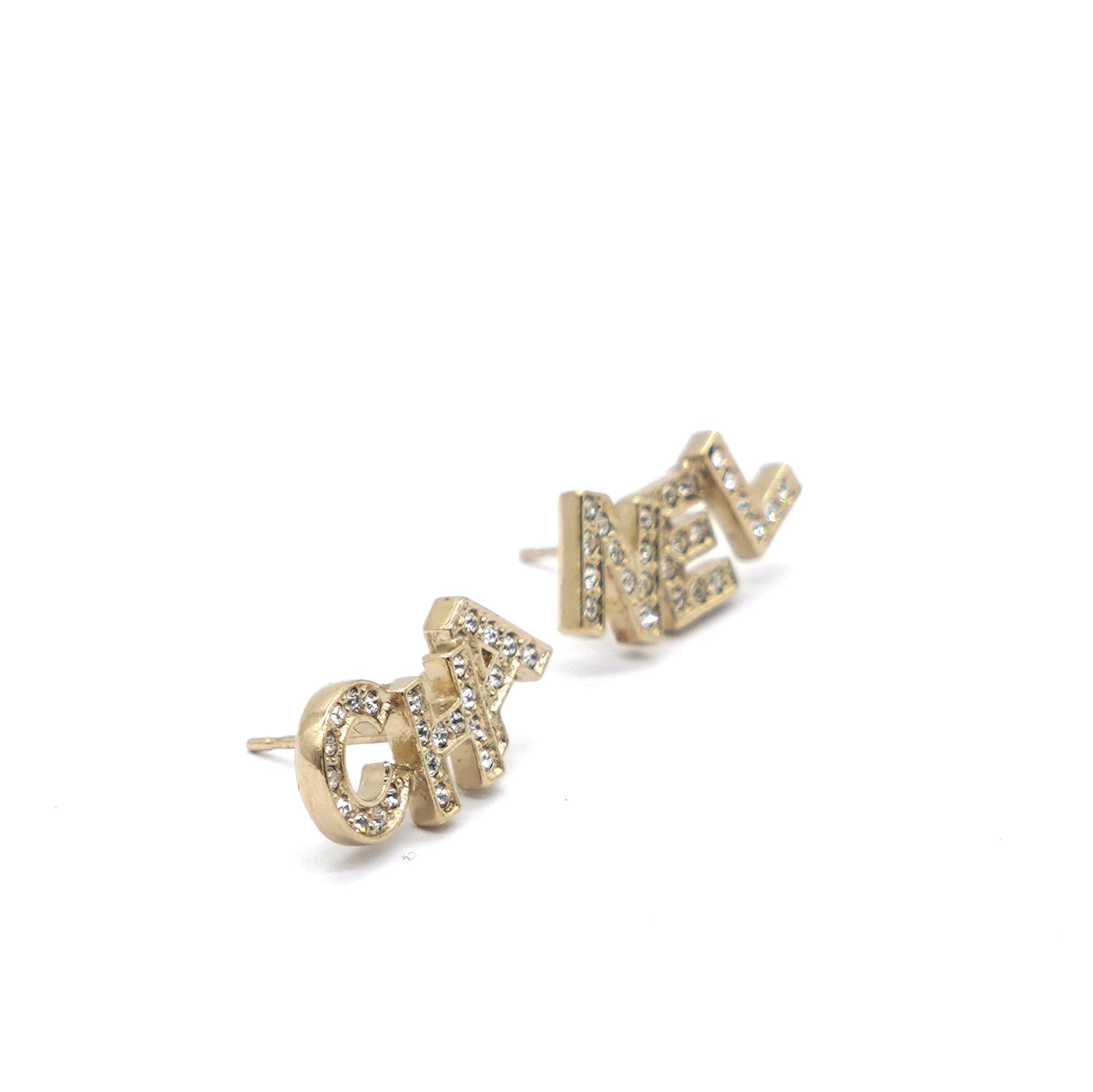 Chanel Gold Metal And Crystal Logo Letter Stud Earrings