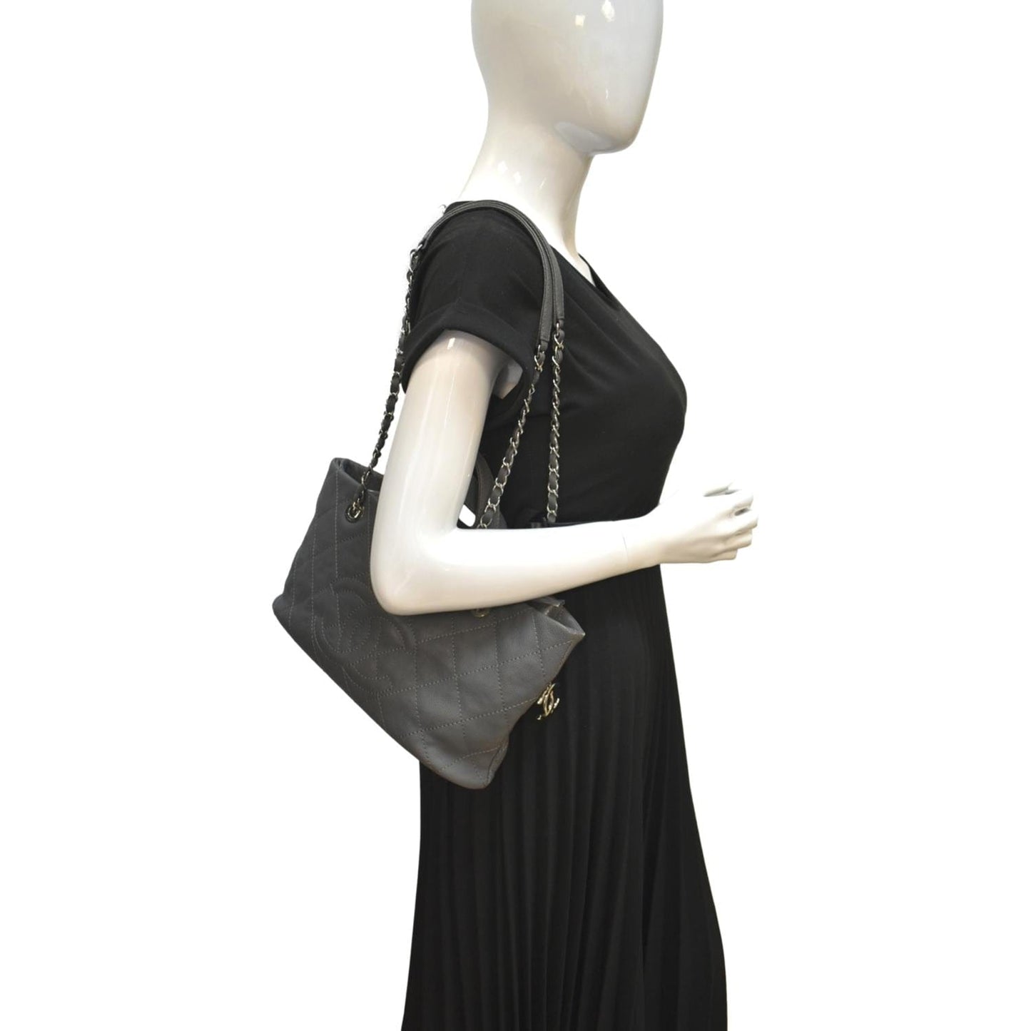 CHANEL Quilted Caviar Leather Shopping Tote Bag Dark Grey