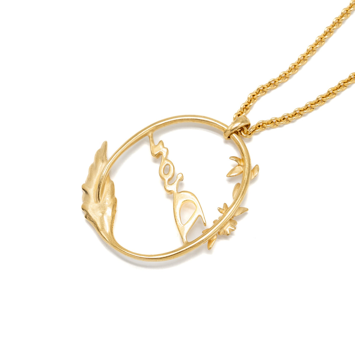 DIor Flora and Wing Circle Pendant Necklace Gold Tone
