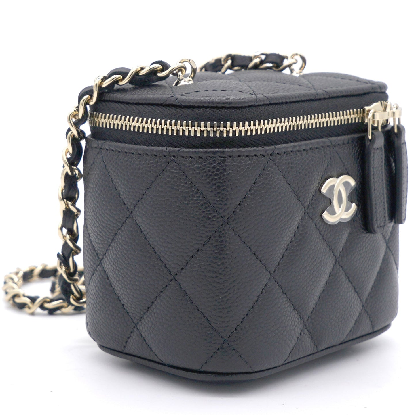 Chanel Caviar Quilted Small Vertical Coco Beauty Vanity Case With Chain Black