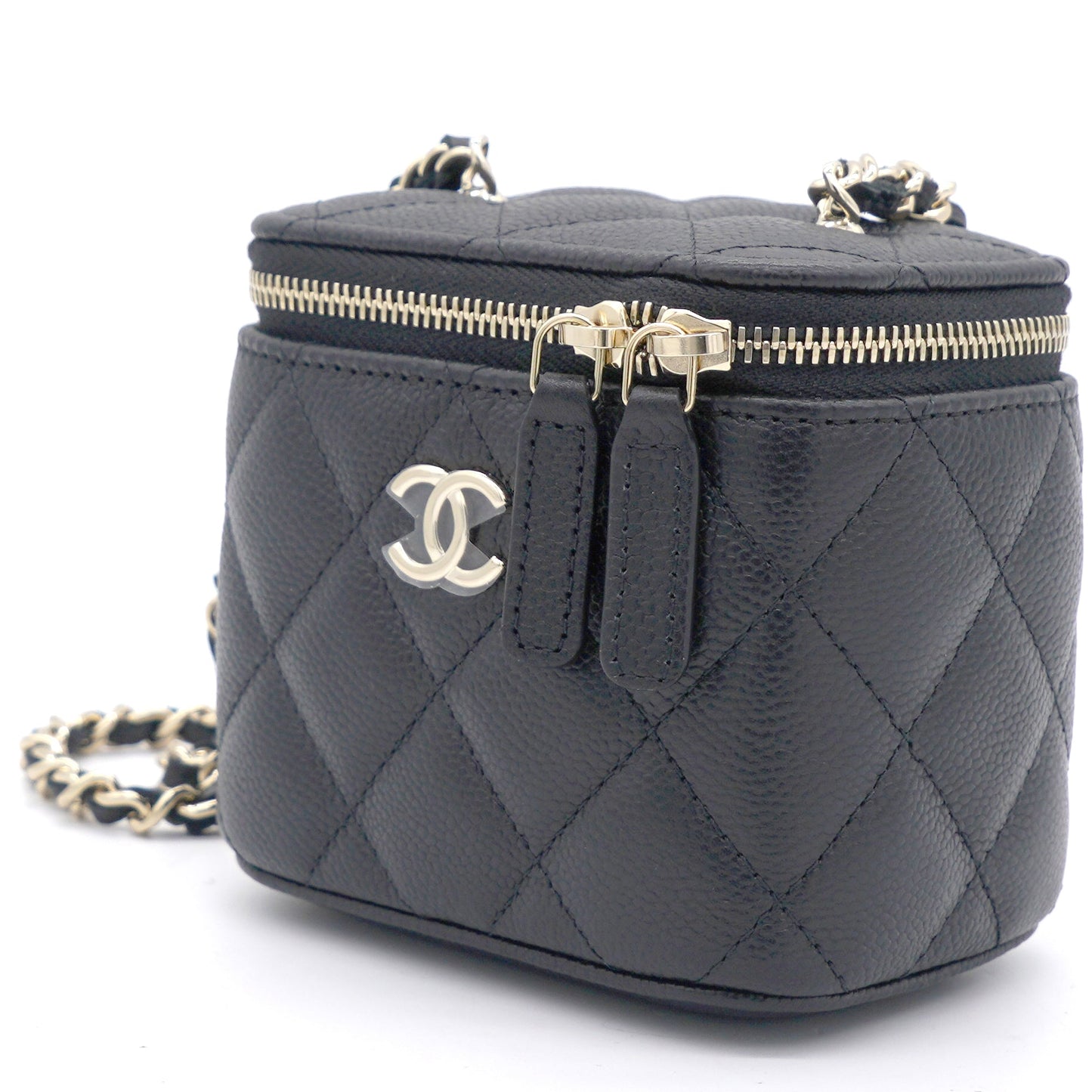 Chanel Caviar Quilted Small Vertical Coco Beauty Vanity Case With Chain Black