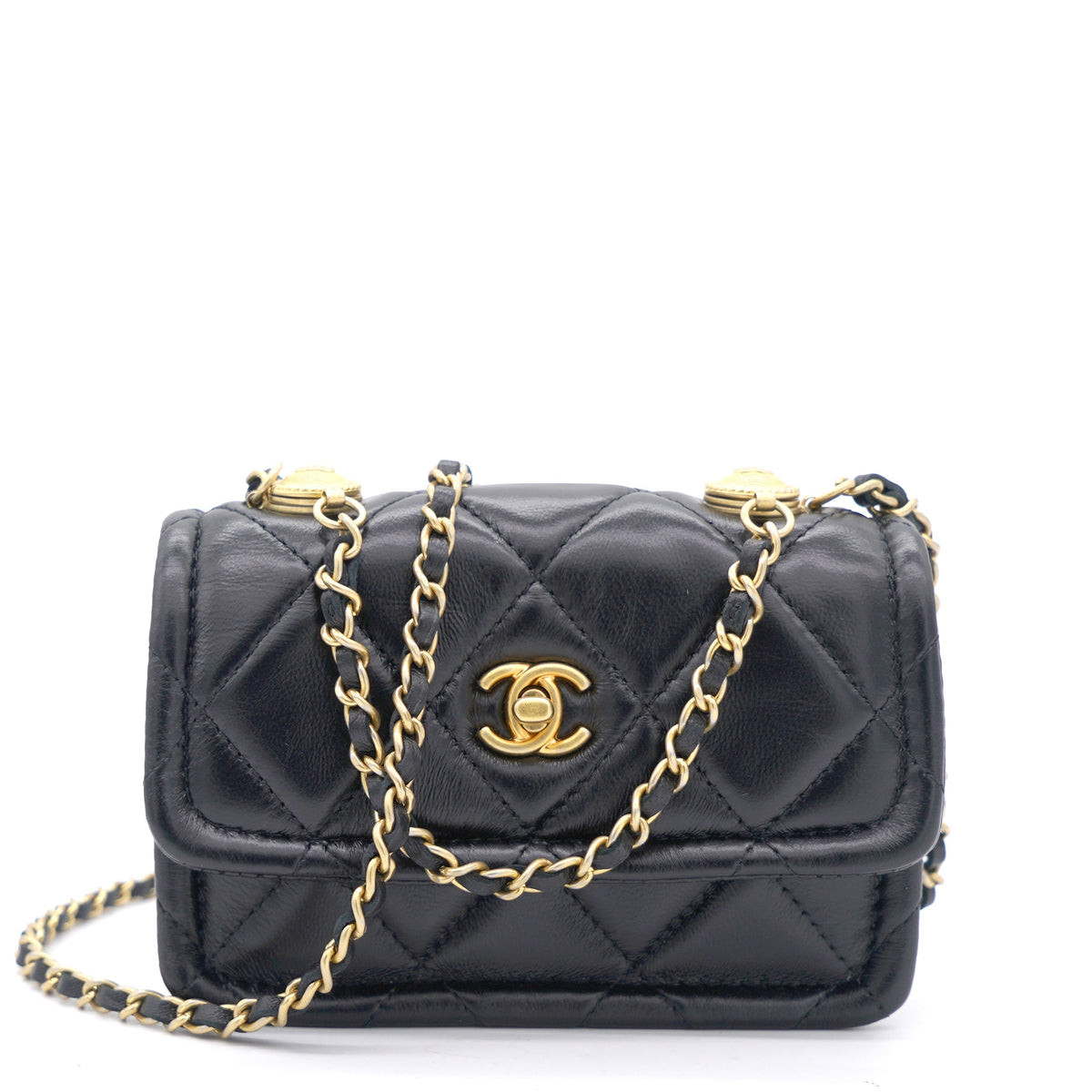 Chanel Lambskin Quilted Nano Flap Bag with button details Black