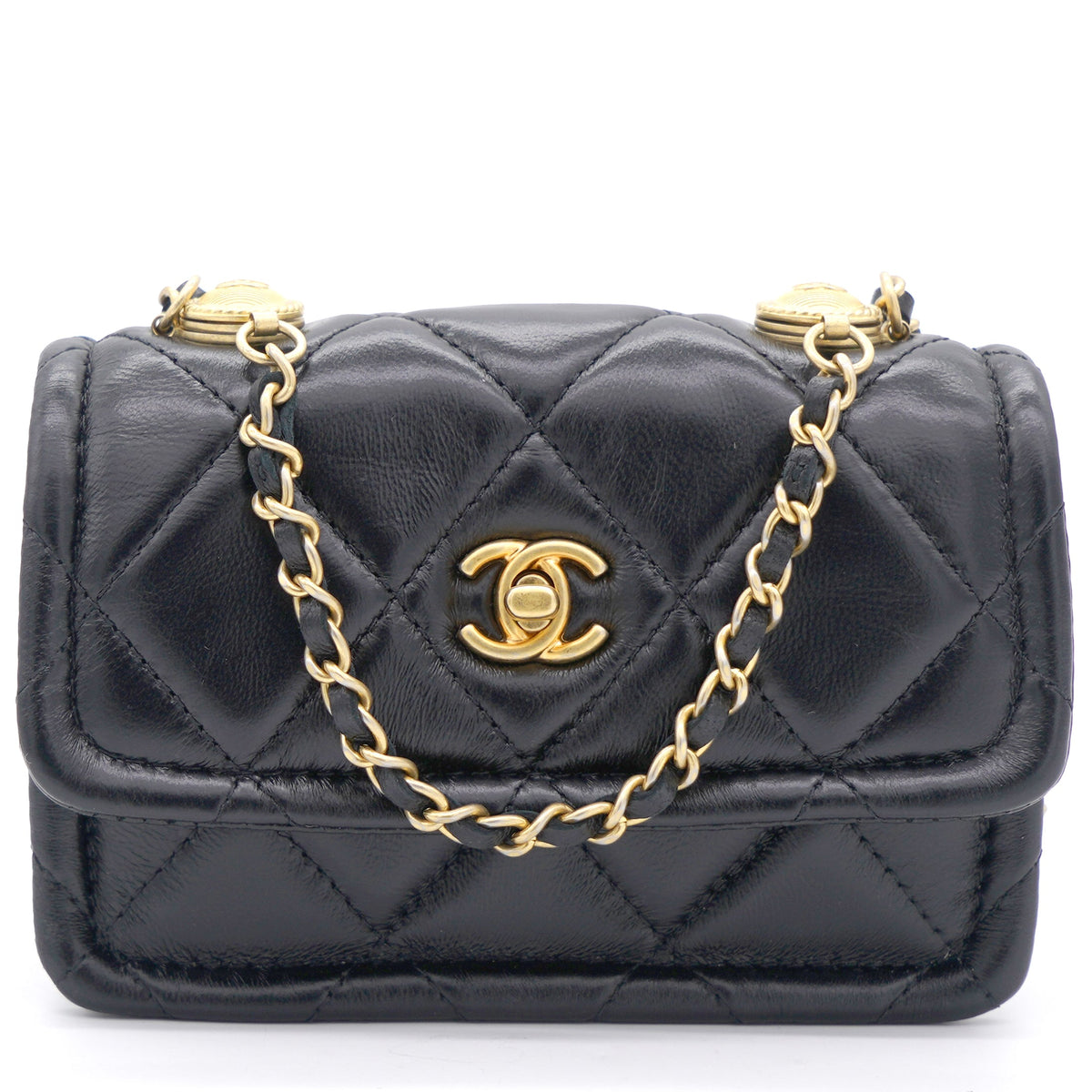Chanel Lambskin Quilted Nano Flap Bag with button details Black