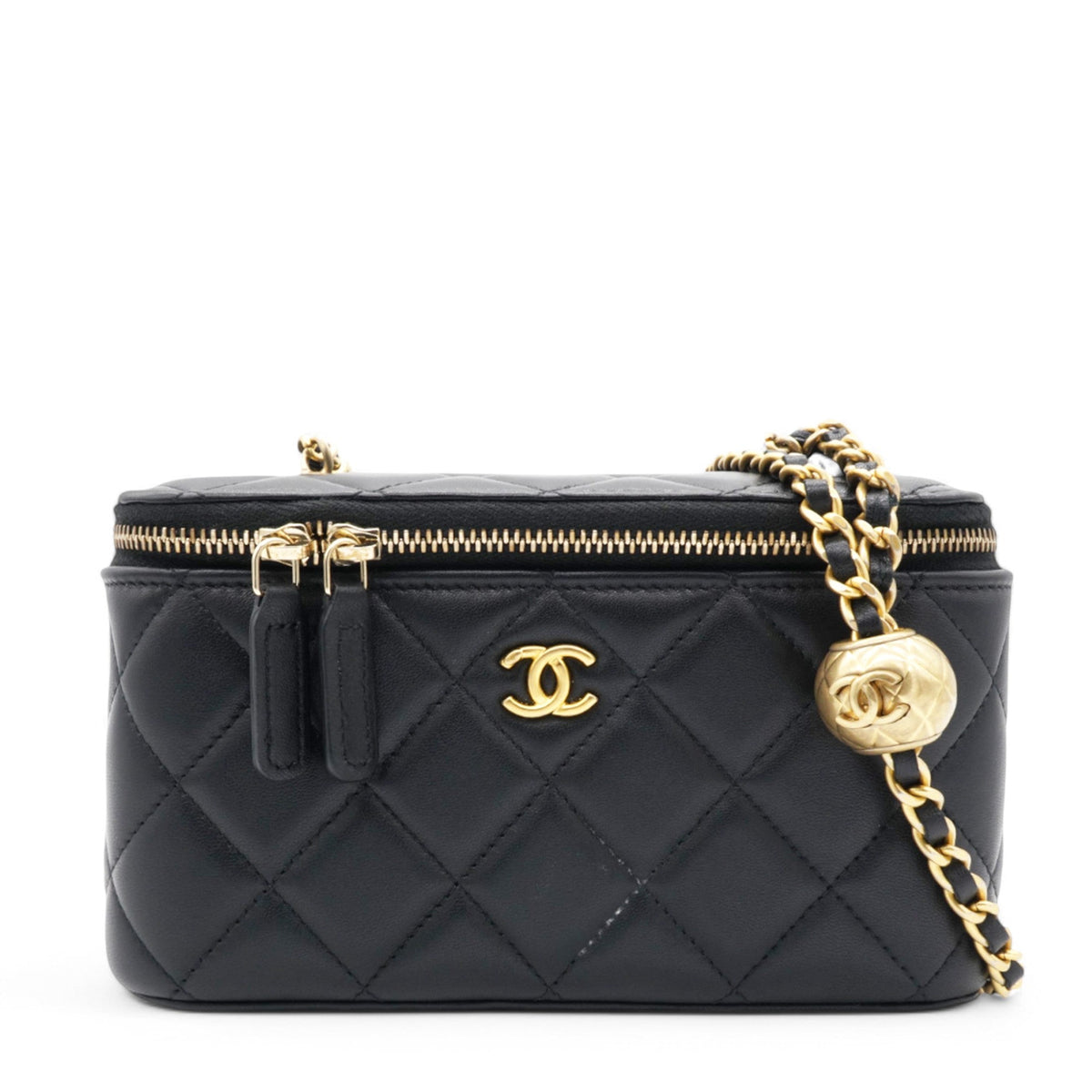 Chanel Lambskin Quilted Pearl Crush Small Vanity Case With Chain Black