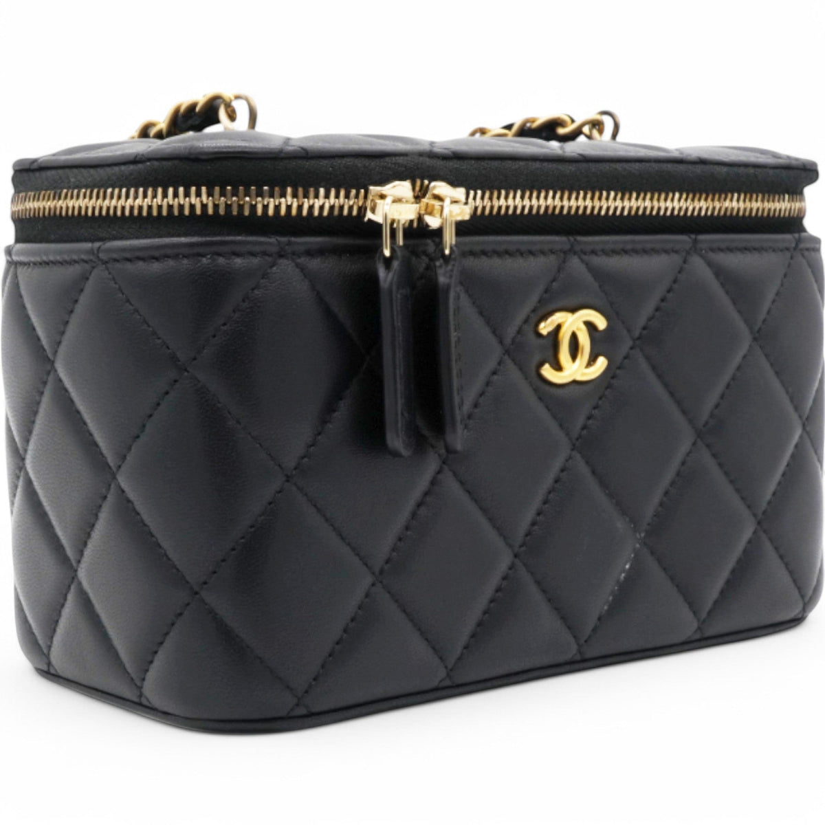 Chanel Lambskin Quilted Pearl Crush Small Vanity Case With Chain Black