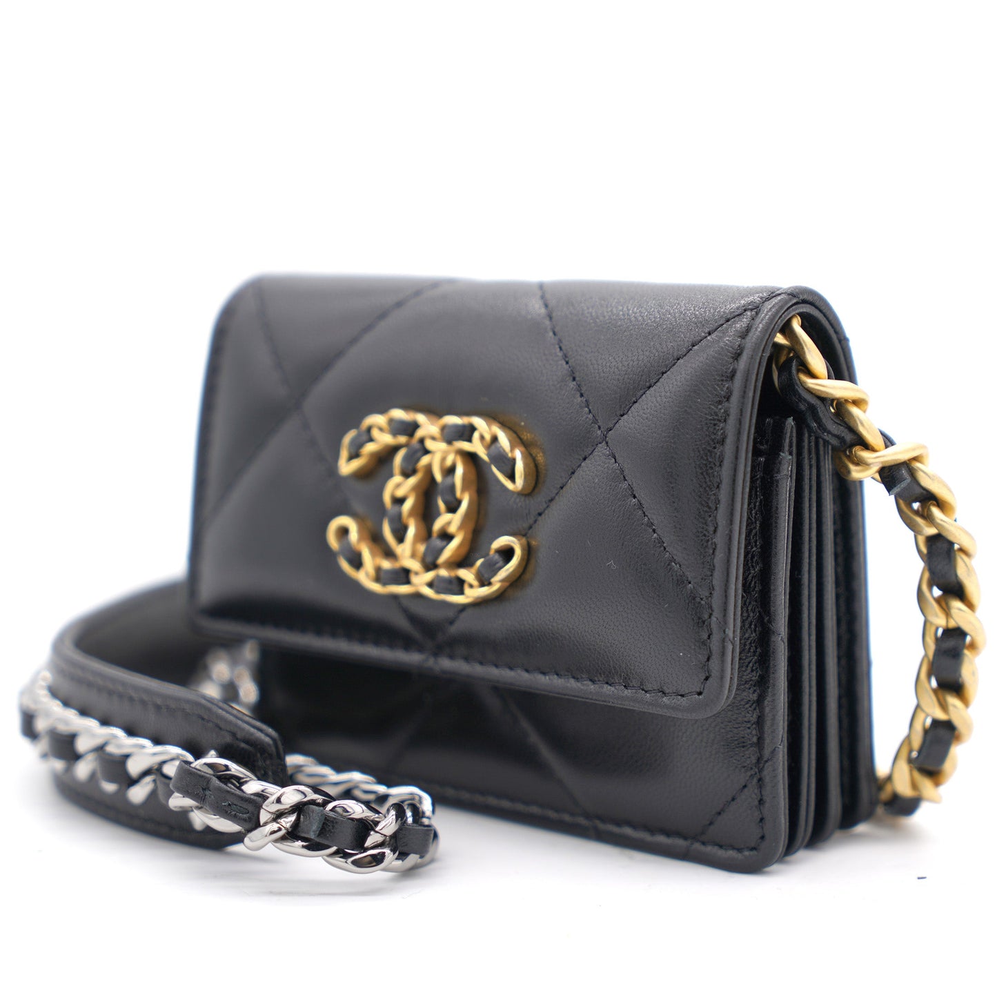 Chanel Black Quilted Lambskin Leather 19 Card Holder with Chain