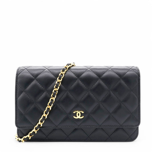 Chanel Lambskin Quilted Wallet On Chain WOC Black Microchip