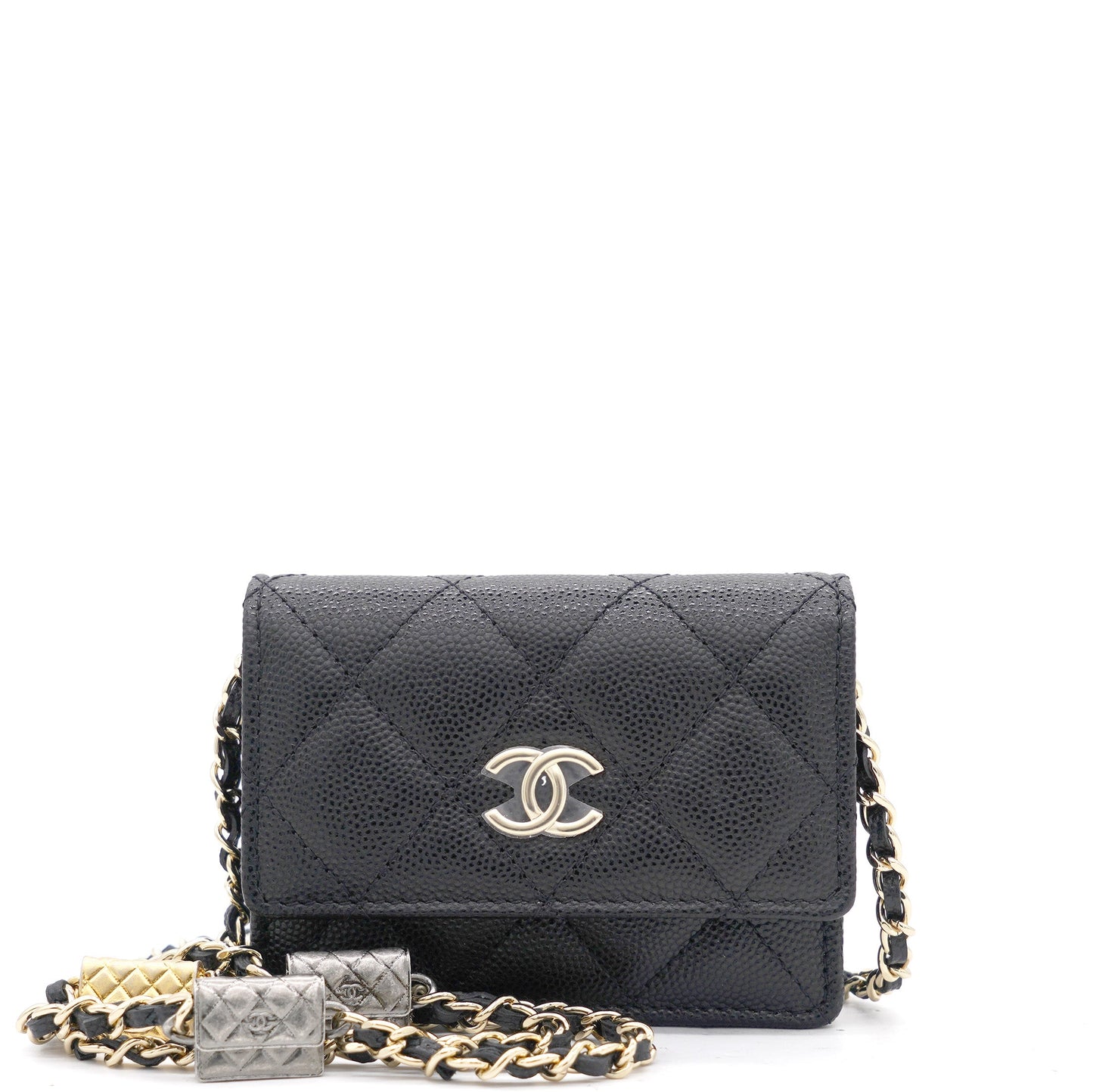 Chanel Black Quilted Caviar Leather Flap Card Holder with Charm Chain