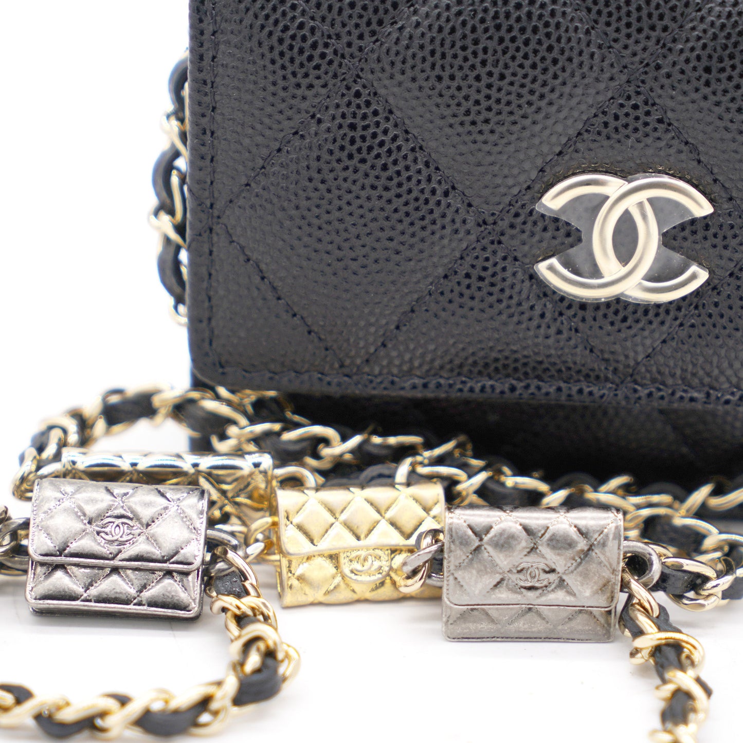 Chanel Black Quilted Caviar Leather Flap Card Holder with Charm Chain