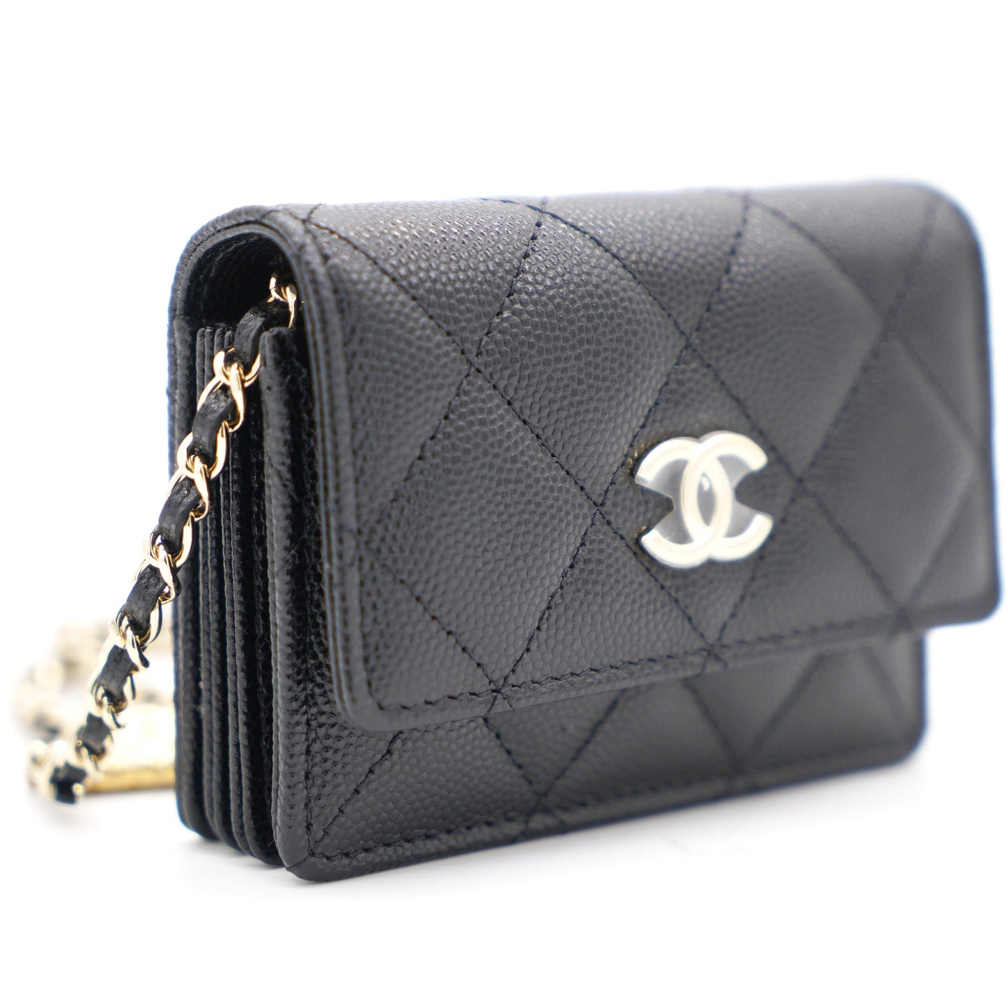 Chanel Black Quilted Caviar Leather Flap Card Holder with Charm Chain