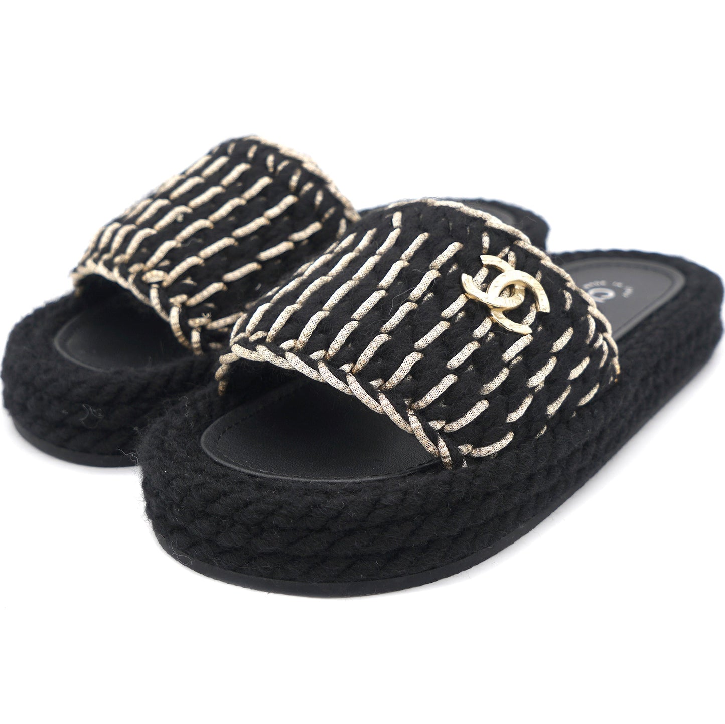 Chanel Braided Knit CC Mules Black Gold 36