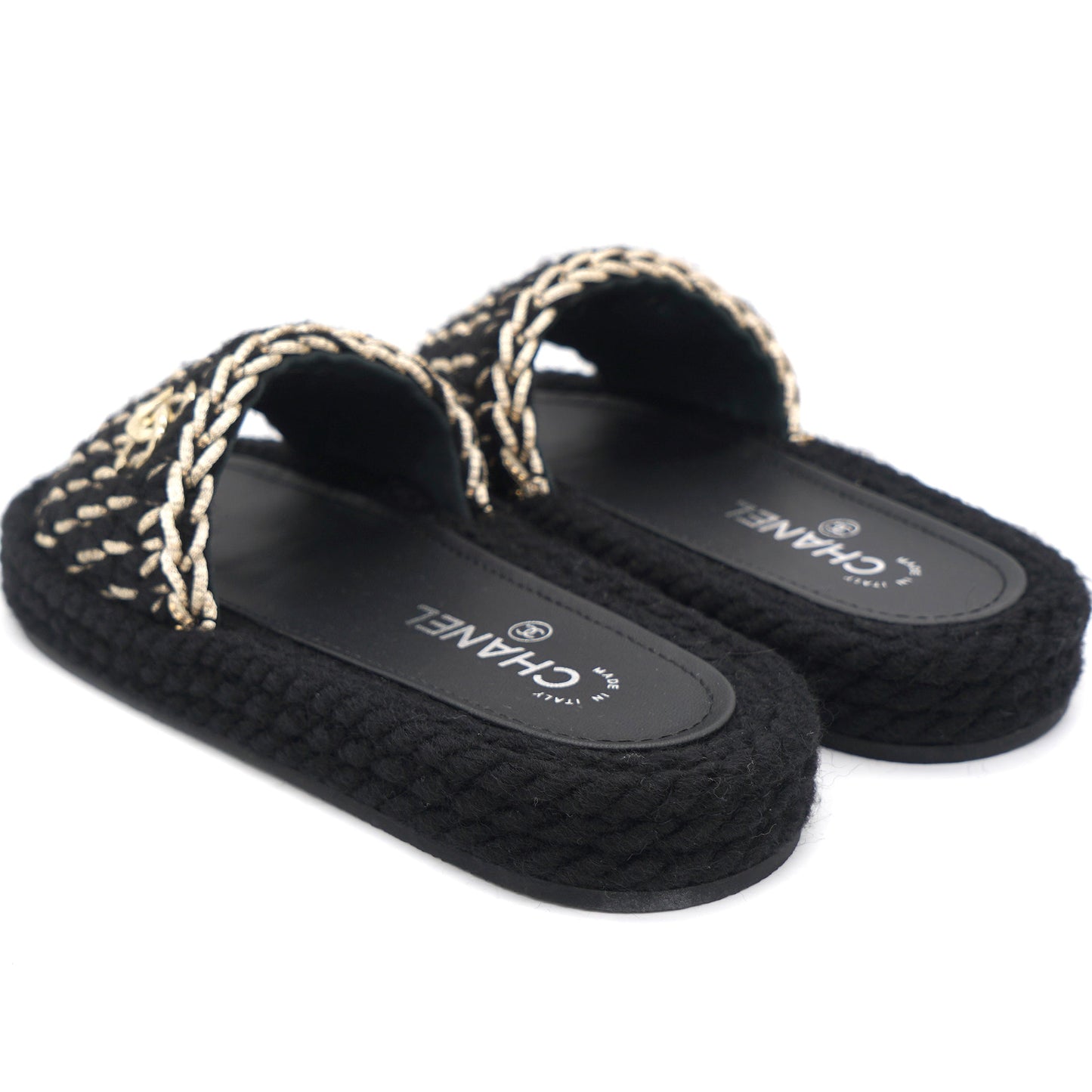 Chanel Braided Knit CC Mules Black Gold 36