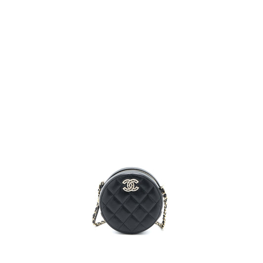 Chanel Crystal CC Logo Round Clutch with Chain Caviar Black LGHW