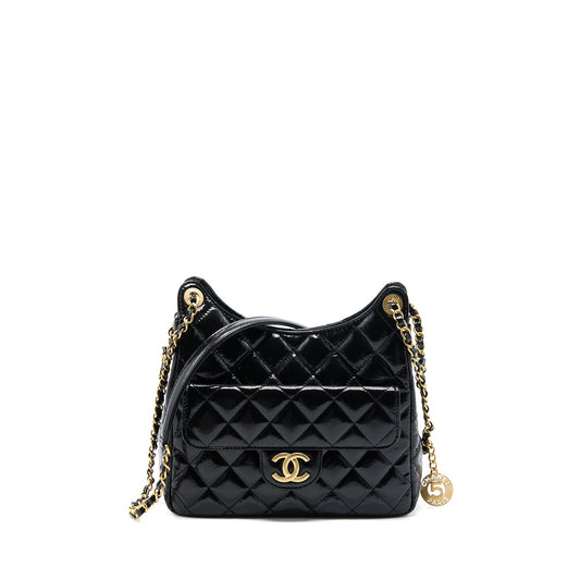 Chanel 23C Hobo Bag Shiny Calfskin Black Brushed GHW(Microchip)