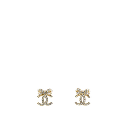 Chanel Crystal Ribbon Bow CC Earrings Gold Tone