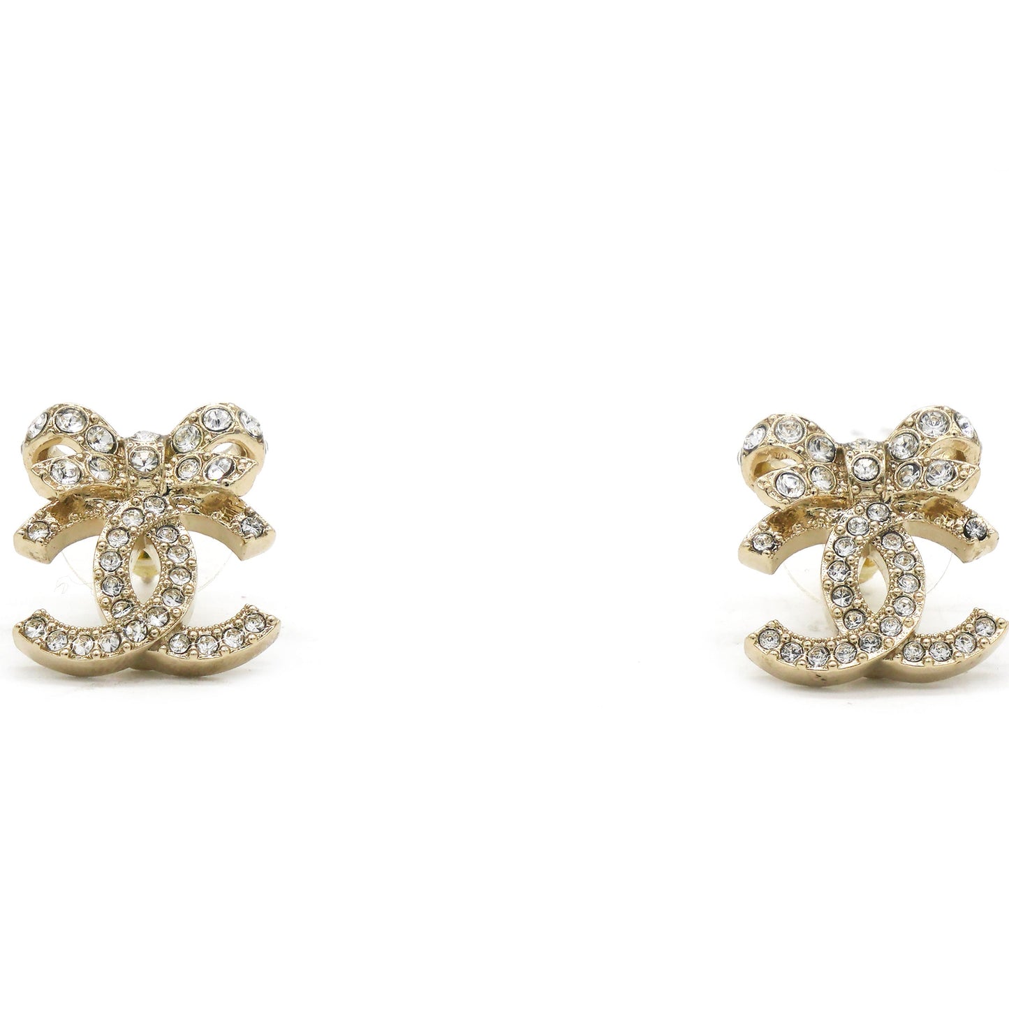 Chanel Crystal Ribbon Bow CC Earrings Gold Tone