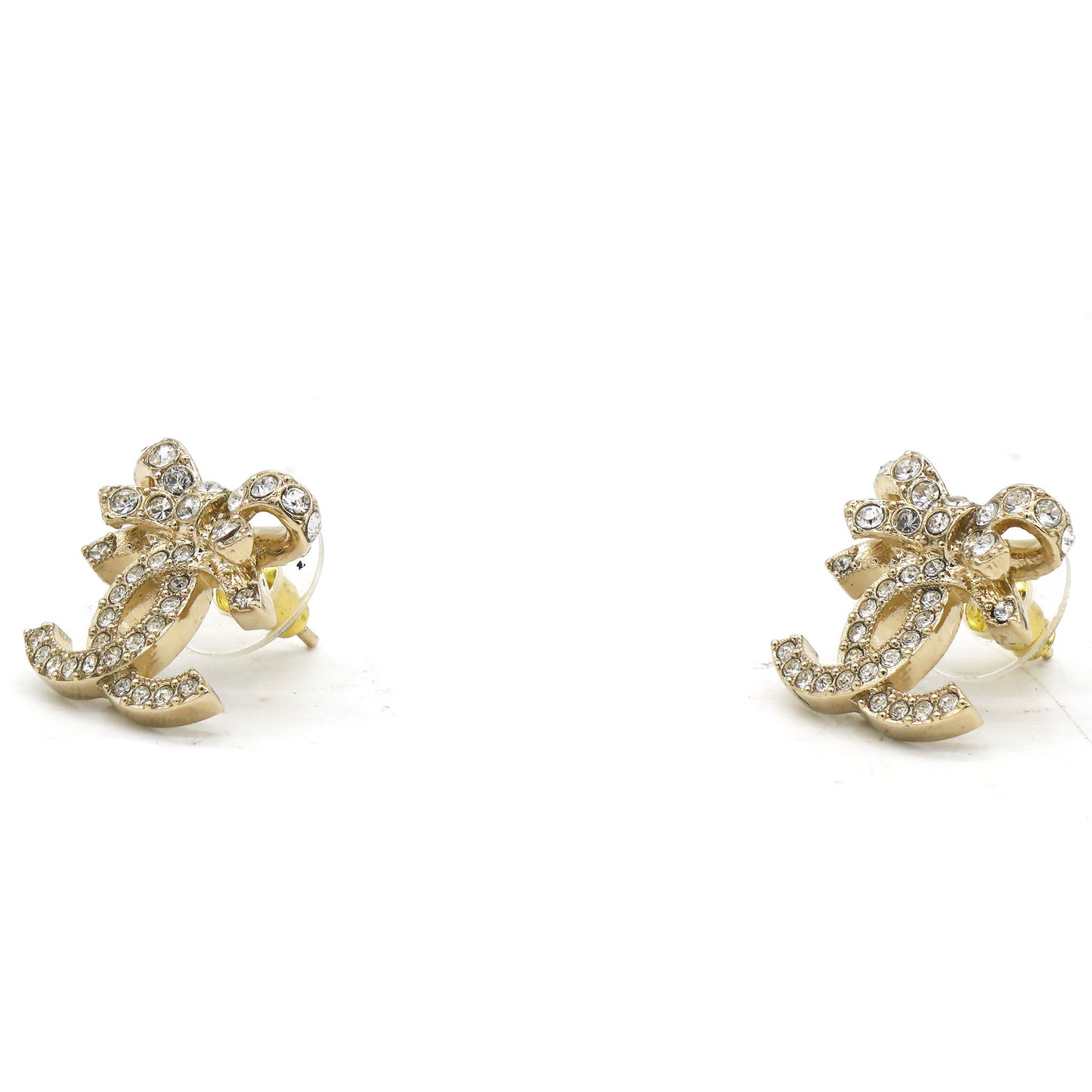 Chanel Crystal Ribbon Bow CC Earrings Gold Tone