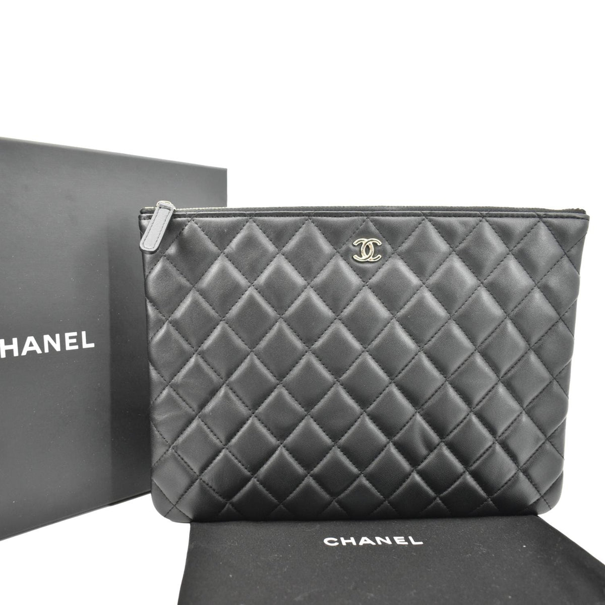 CHANEL O-Case Quilted Lambskin Leather Zip Pouch Black