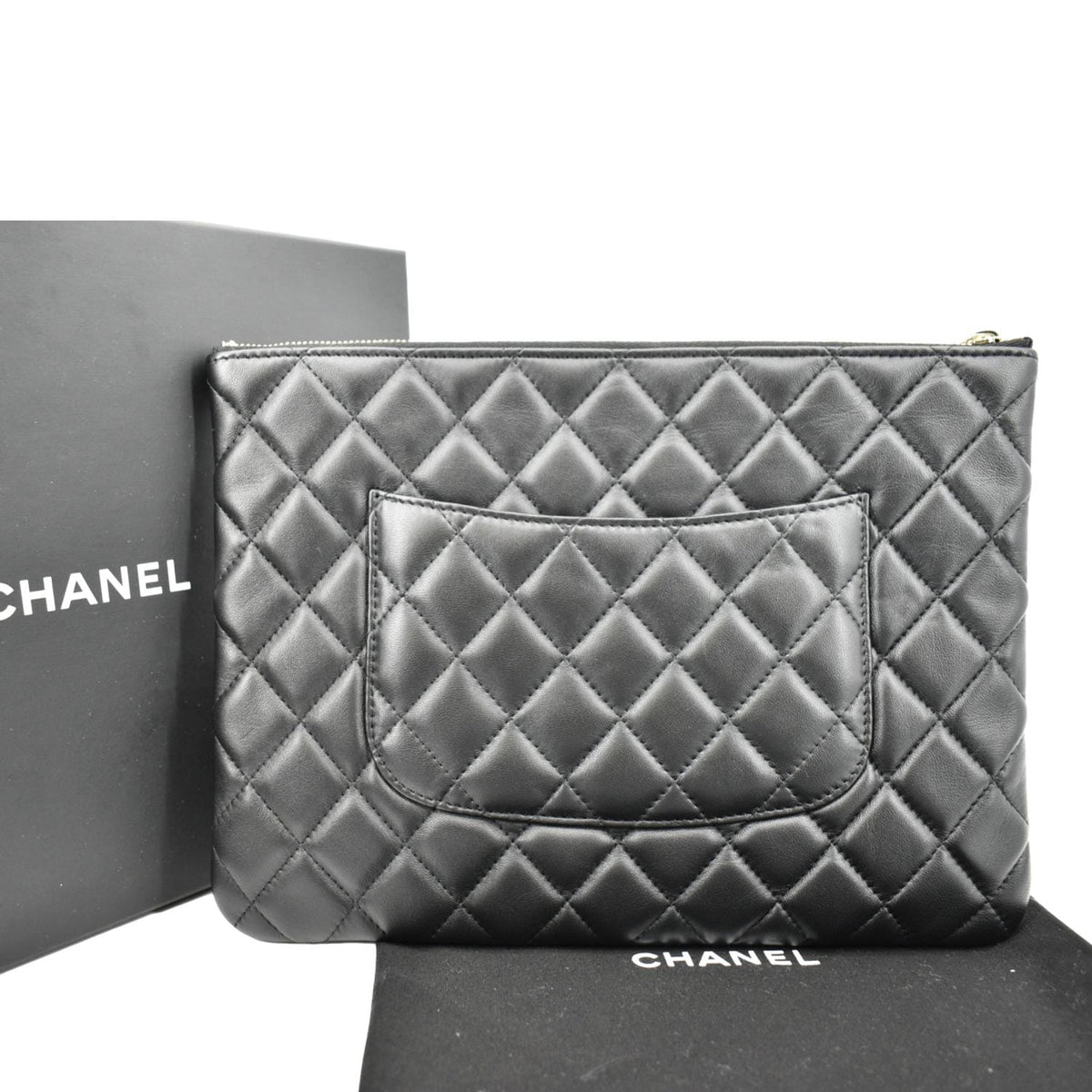 CHANEL O-Case Quilted Lambskin Leather Zip Pouch Black