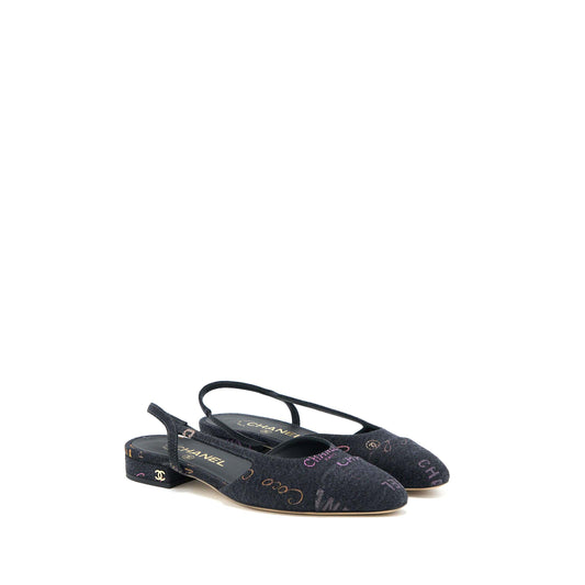 Chanel Size 36.5C Sling Back Flap Shoes Denim/ Leather Black
