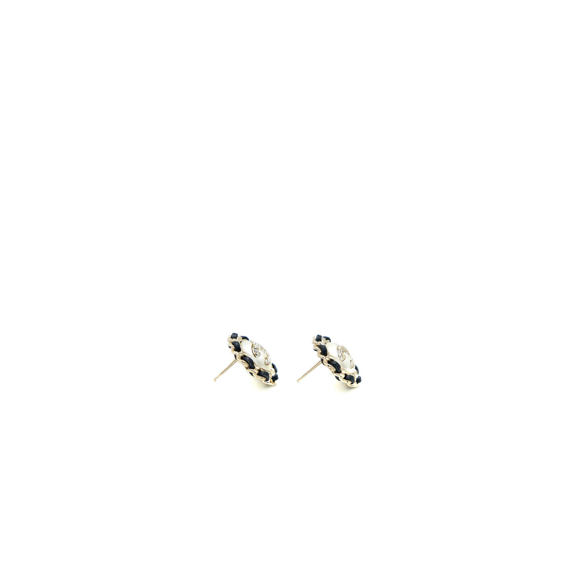 Chanel Round Pearl/Crystal/Leather Chain Earring Light Gold Tone