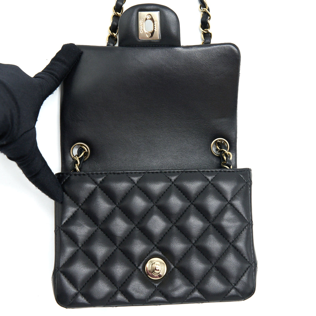 Chanel Mini Square Flap Bag Lambskin Black LGHW (Microchip)
