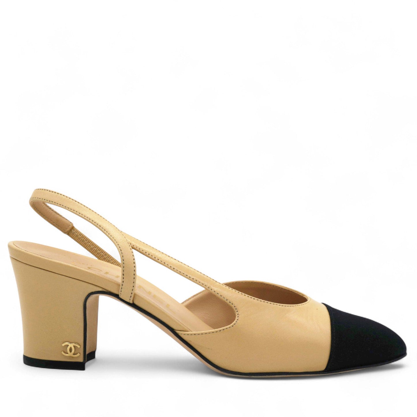 Chanel Goatskin Grosgrain Cap Toe CC Slingback Pumps Beige Black Size36