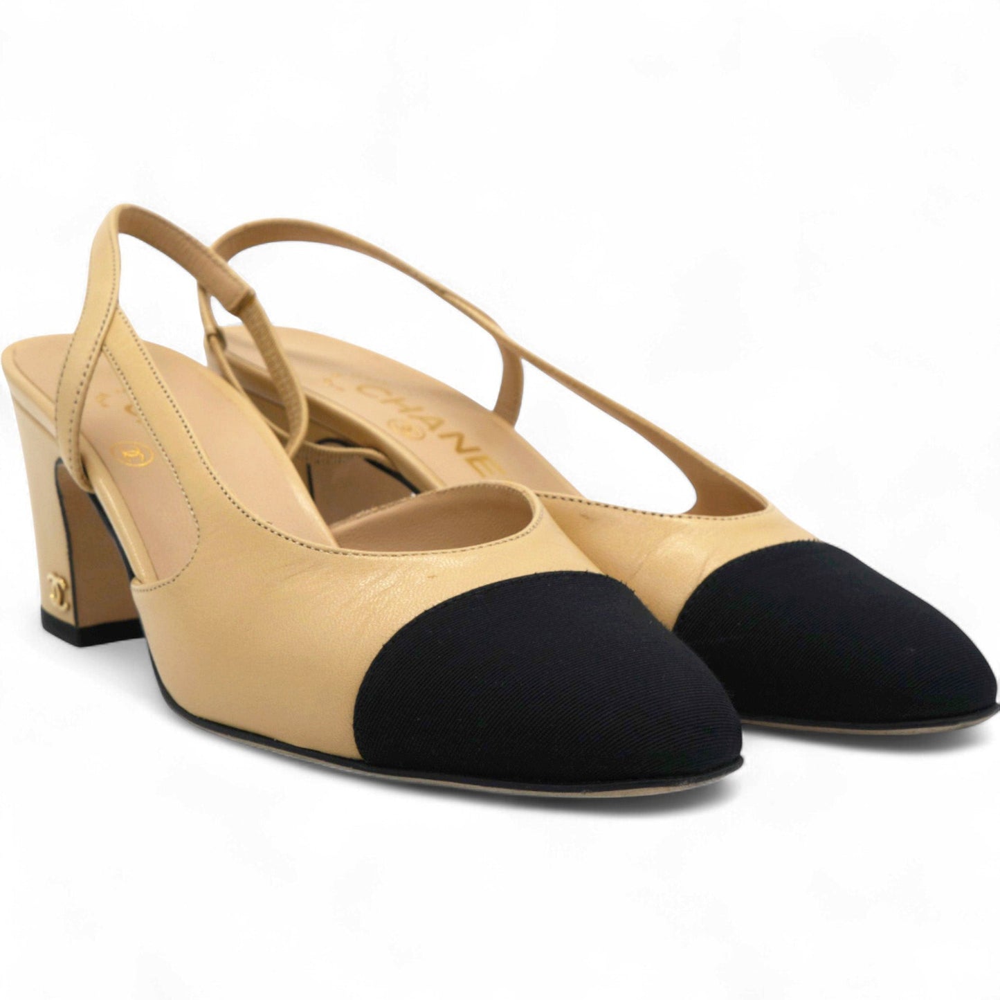 Chanel Goatskin Grosgrain Cap Toe CC Slingback Pumps Beige Black Size36