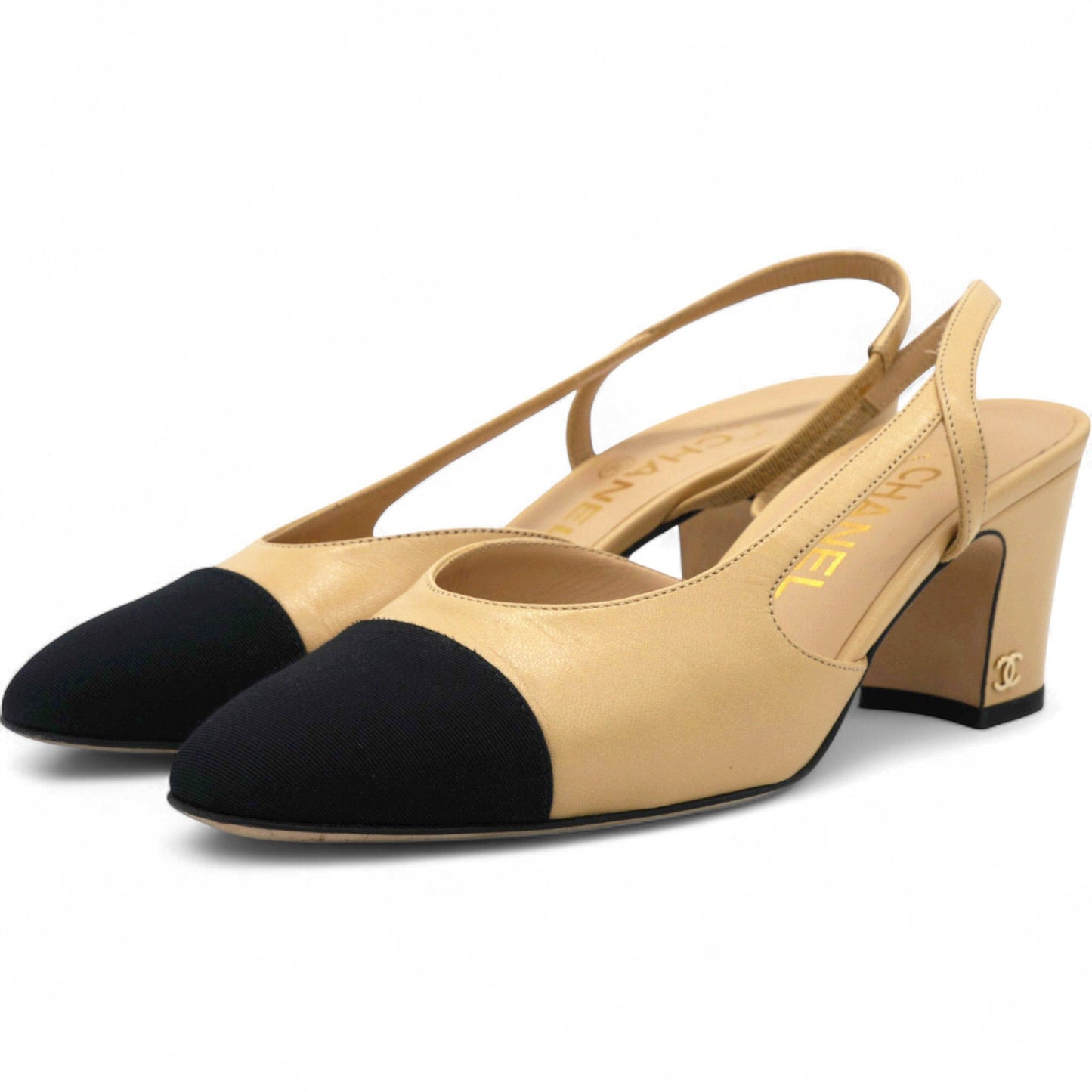 Chanel Goatskin Grosgrain Cap Toe CC Slingback Pumps Beige Black Size36