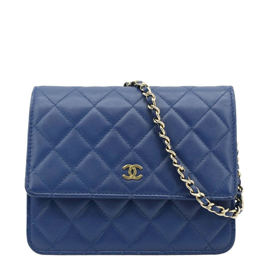 CHANEL Square Wallet On Chain Quilted Leather Crossbody Bag Blue