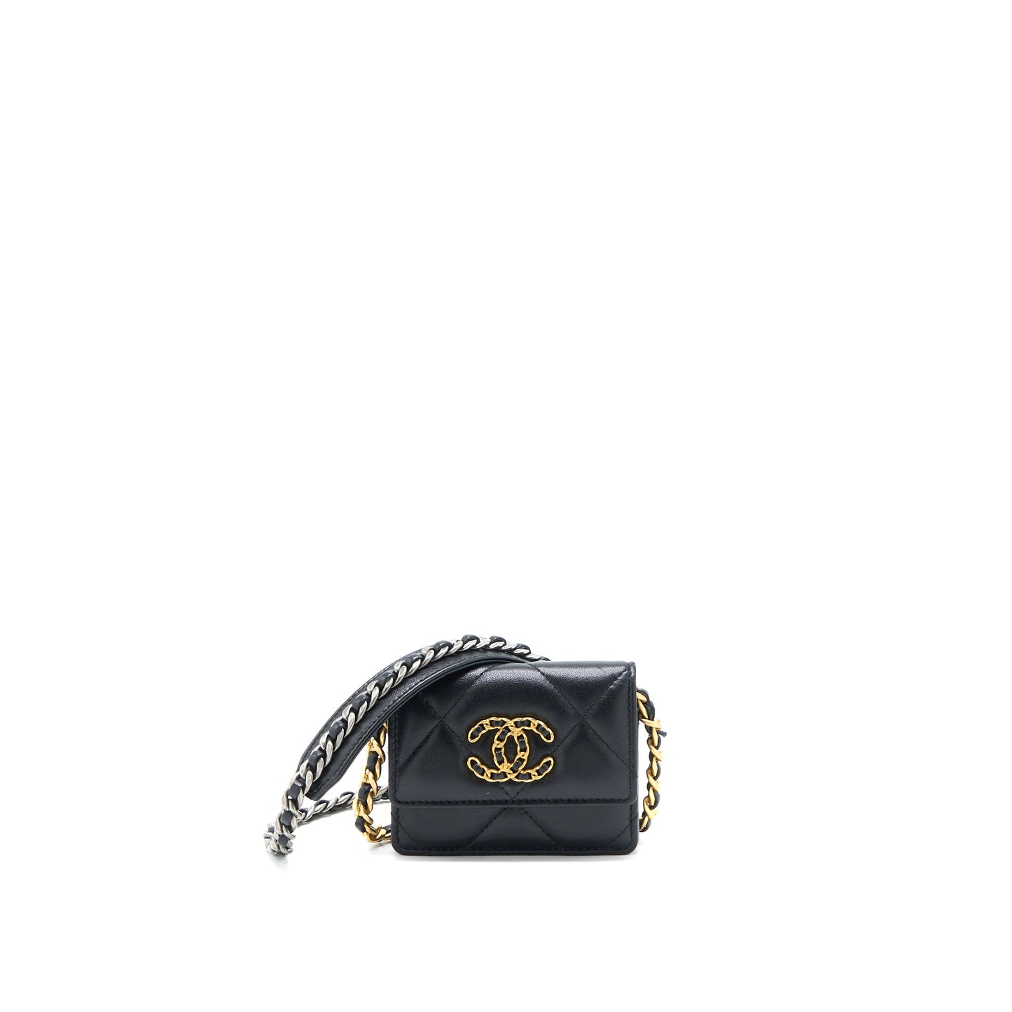 Chanel 19 Flap  Holder with Chain Lambskin Black Multicolour Hardware