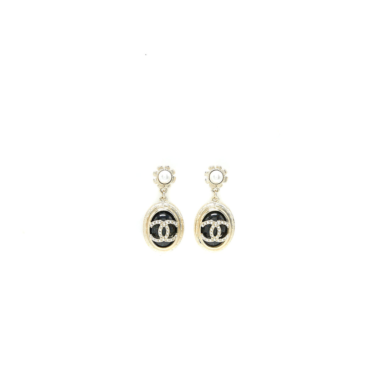 Chanel Round CC Logo Dropped  Black Crystal/Pearl Light Gold Tone