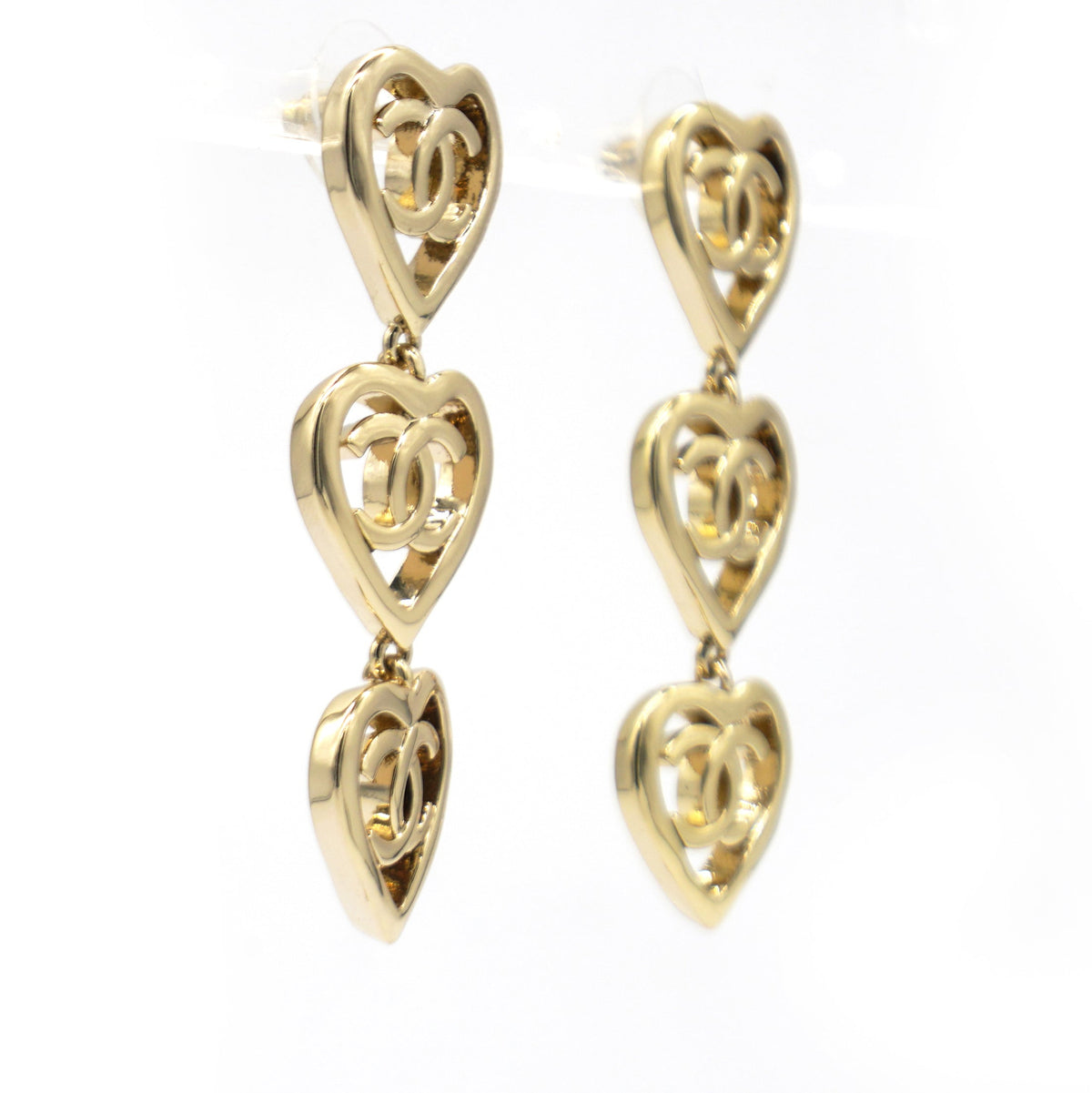 Chanel Metal CC Triple Heart Drop Earrings Gold