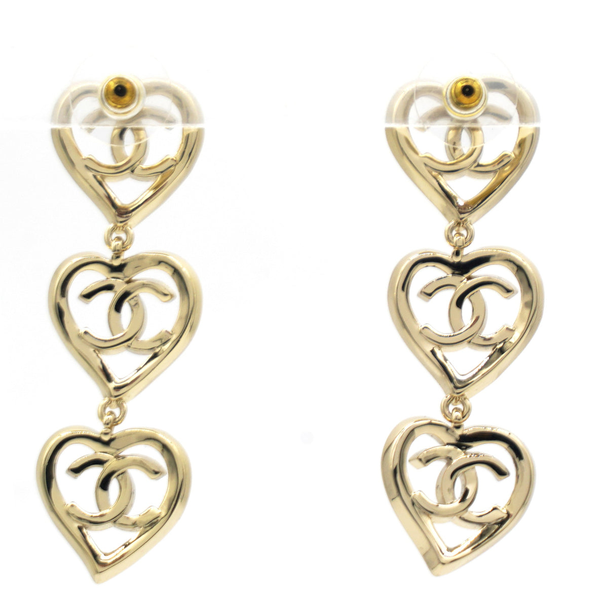 Chanel Metal CC Triple Heart Drop Earrings Gold