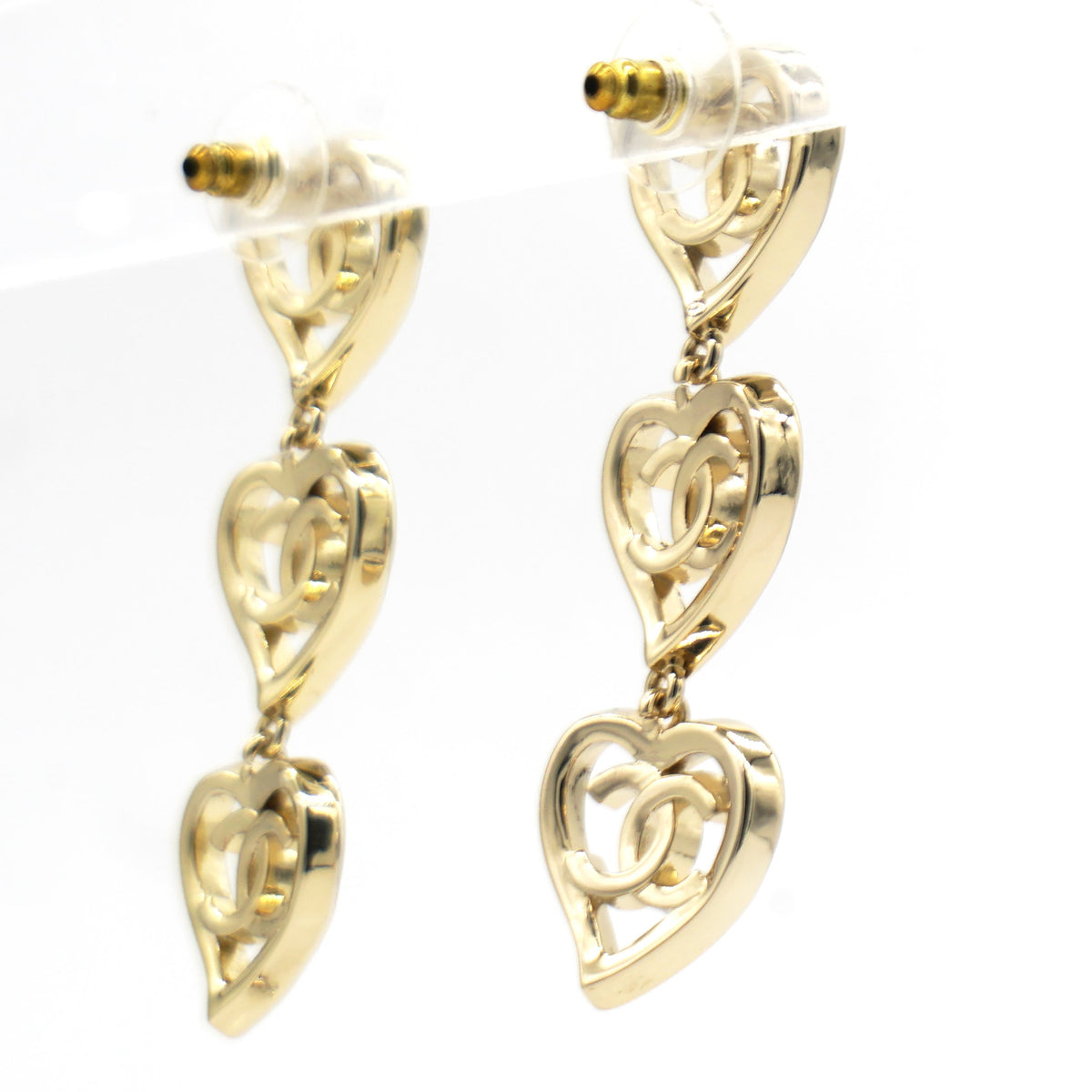 Chanel Metal CC Triple Heart Drop Earrings Gold