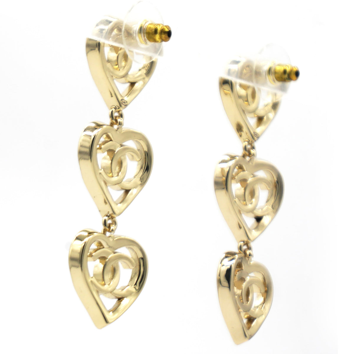 Chanel Metal CC Triple Heart Drop Earrings Gold